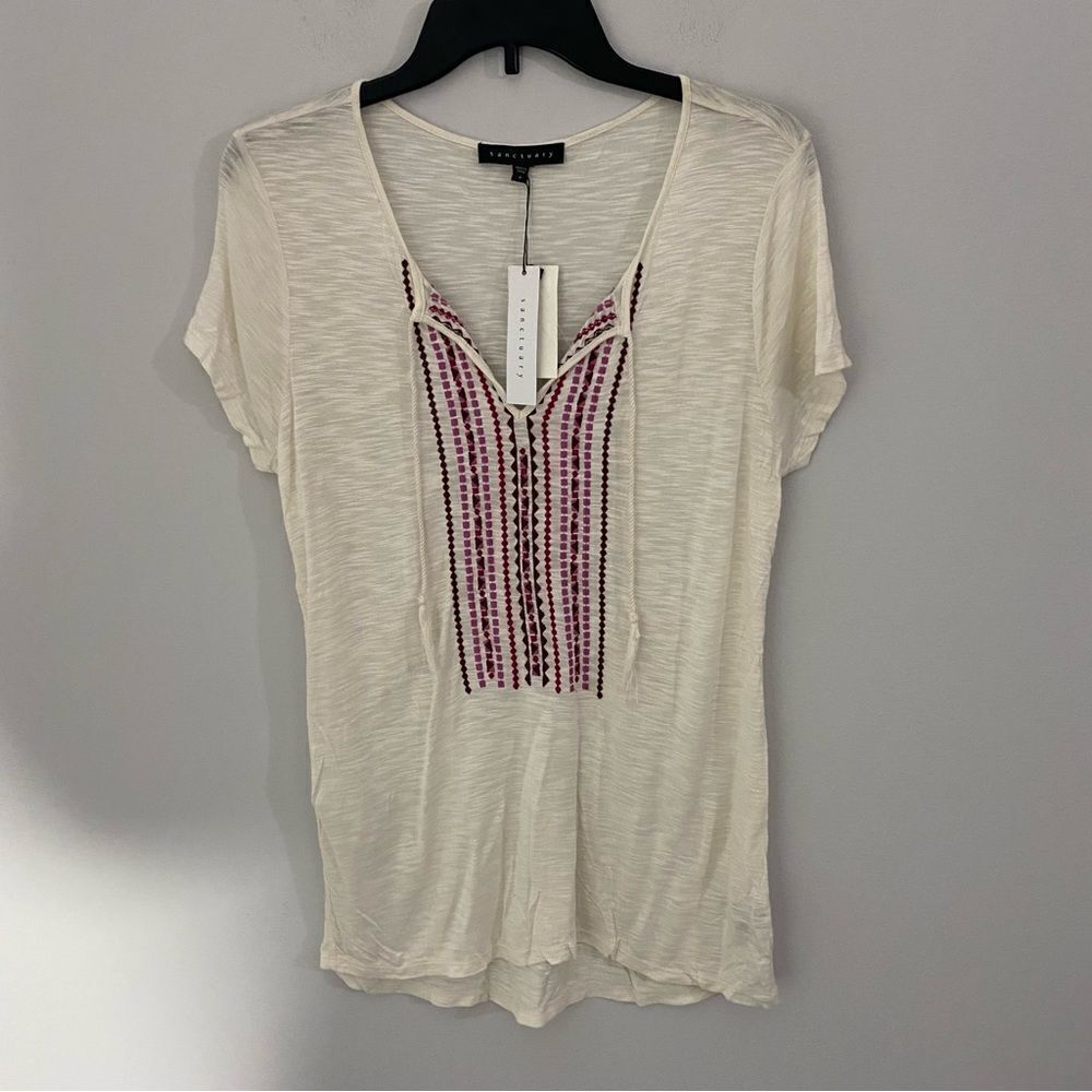 Sanctuary Womens Embroidered Keyhole Tunic Top Short Sleeve S